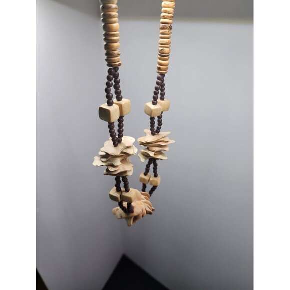 Handmade Jewelry - Vintage Unique Tribal Wood & Coconut Disc Beads Necklace Hand Carved